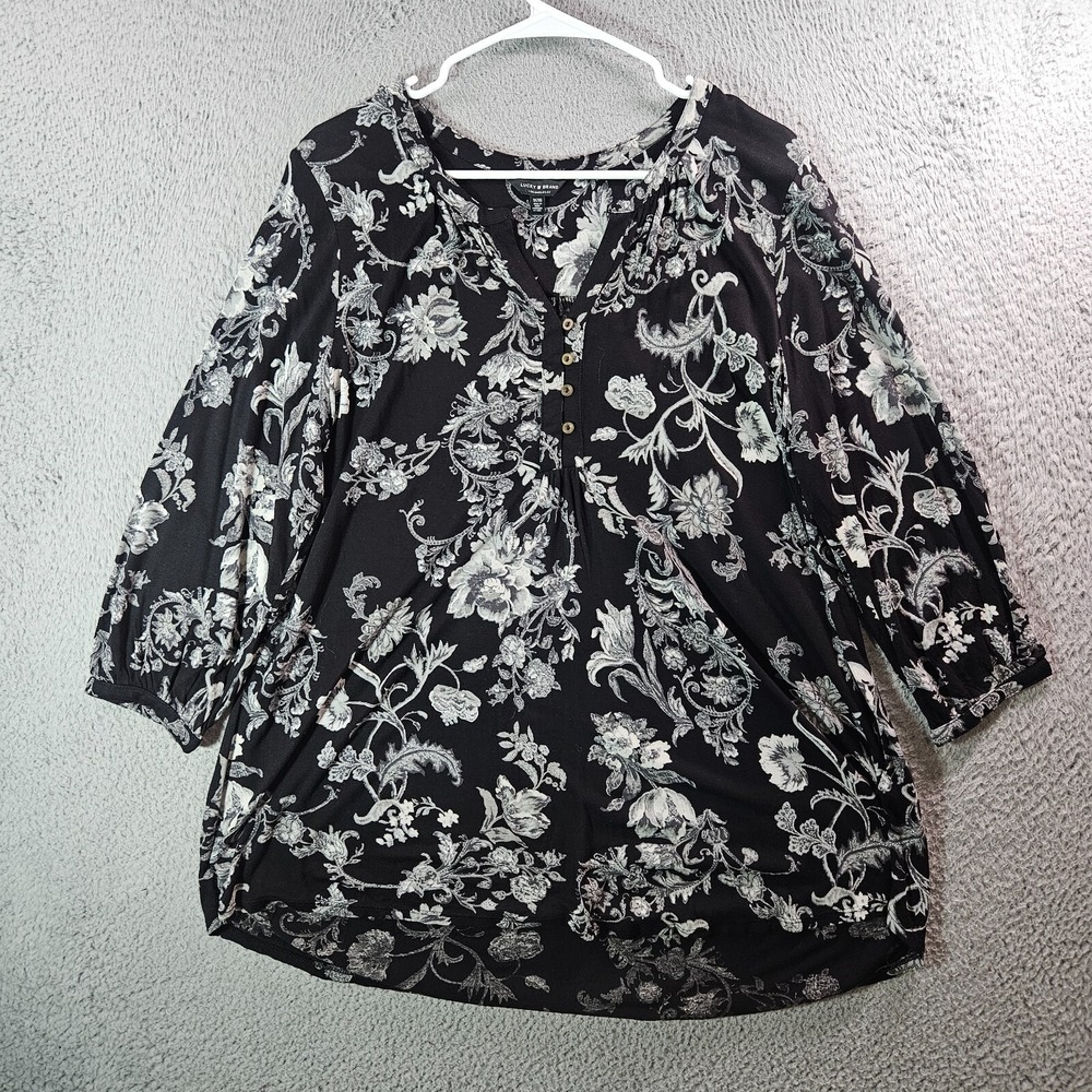 Lucky Brand Tunic Top Blouse Women 1X Geometric Stretch Gray Black